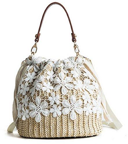 OneMoreT Sacs d'été en paille avec dentelle pour femme - Style vintage - Blanc - Broderie - Petit sac à main