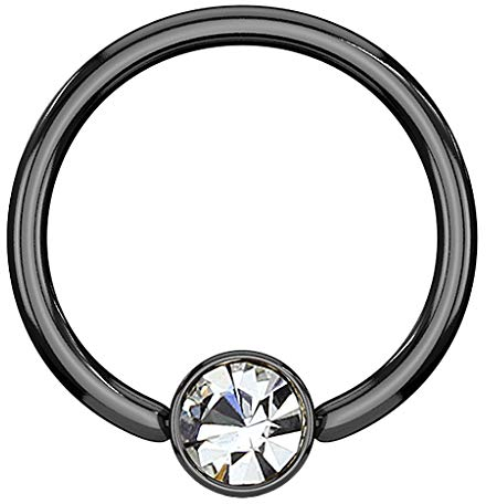 Piercingfaktor BCR Piercing Klemmring Ring Flach mit Kristall Klemm Kugel Septum Nasen Lippen Helix Ohr Tragus Schwarz 1,2mm x 10mm x 4mm