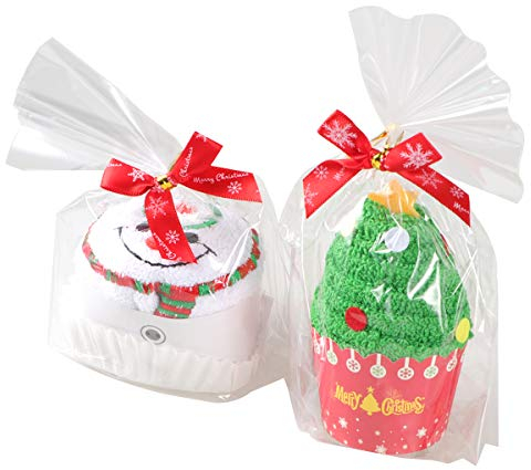 NUOBESTY 2 Stücke Weihnachten Handtücher Cupcakes Form Baumwolle Gästehandtuch Geschirrtücher Xmas Gastgeschenk Tischdeko Weihnachtsdeko (Weihnachtsbaum+Schneemann)