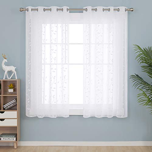 Deconovo Gardinen Schals Vorhang Leinenoptik Transparent Dekoschal Stores Gardinen schals Wohnzimmer mit Ösen Blatt, 175x140 cm(HöhexBreite), Weiß, 2er Set
