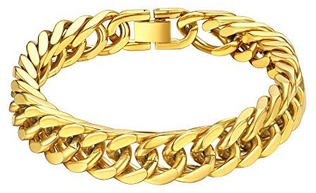 ChainsHouse Brazalete Hombre 21cm Pulsera de Oro baño eslabones Cuadrados Pulsera de Cadenas Trenzadas 17mm Ancho