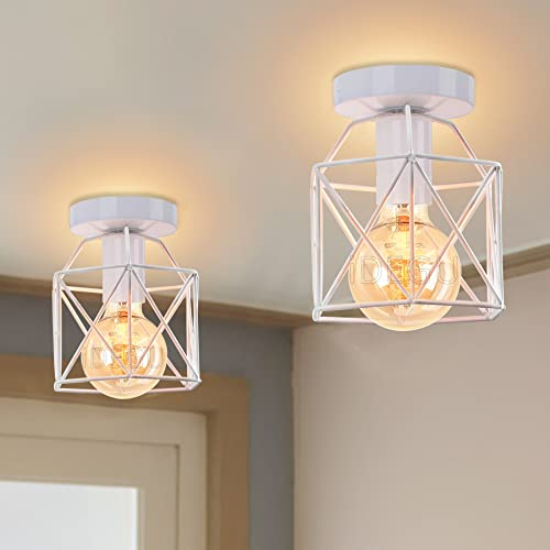 iDEGU 2 Stück Deckenleuchten Industrielle 15cm Retro Deckenlampe aus Eisen Lampenschirm in Sechseck Käfig Vintage Design E27 Kronleuchter für Flur Küche Wohnzimmer Schlafzimmer Dekoration (Weiß)