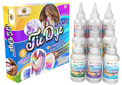 Desire Deluxe - Kit de tintes de 9 colores para teñir tela y ropa Tie Dye Kit - Actividad creativa y artística para niños y adultos