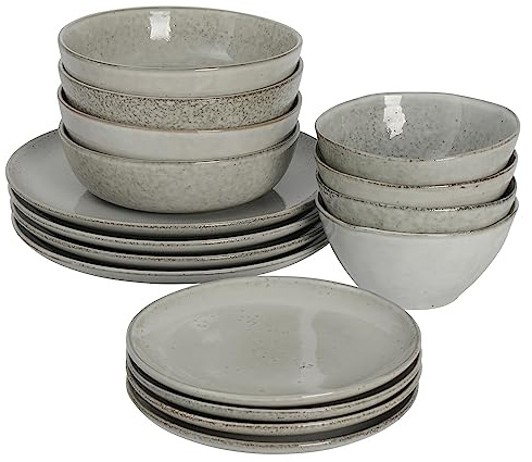ProCook Oslo Coue Reactive Grey Stoneware Dinner Set Stylish Dishwasher, Oven & Microwave Safe Modern Dinnerware - 16 Piece, 15.5/20/28 cm