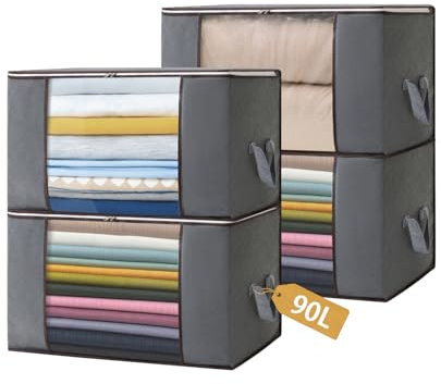 Boic 4 Pack Clothes Storage Bags, 90L Large Capacity Storage Boxes, Foldable Storage Bags With Zips, Clothing StorageBags With Lids Organiser Storage For Toys, Clothing, Bedding, Blankets