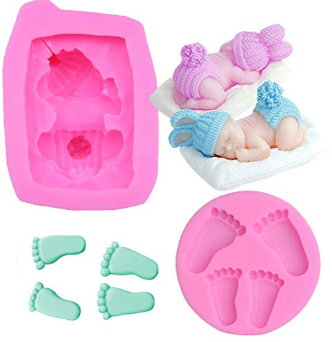 2 Moules en 3D Silicone pour Bébé, Moule de Bébé Sommeil 3D et Moule en Forme d'Empreinte pour Bébé, Antiadhésif, pour Décoration de Gâteau de Fête d'Anniversaire de Douche de Bébé