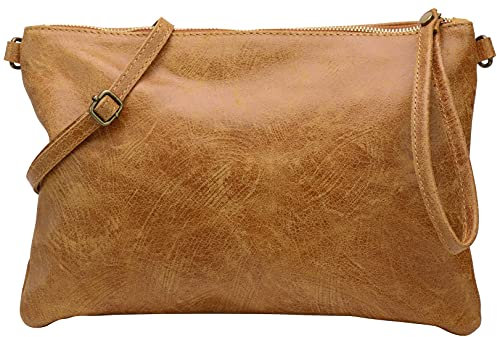 SH Leder Echtleder Umhängetasche Clutch im vintage look mittelgross Tasche Abendtasche 33x22cm Clara G396 (Cognac)