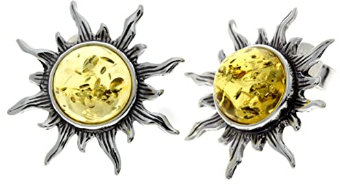 Genuine Round Honey Baltic Amber and 925 Sterling Silver Studs Sun Stars Style Earrings - 8222H