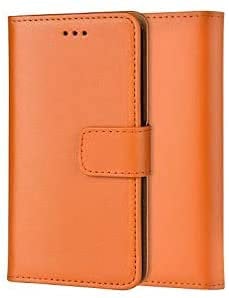 Genuine Leather Bookcase for iPhone 13 Mini, Premium authentic Genuine Leather Wallet case with Magnetic, Kickstand, Cash & Card Slots Stockproof Slim Flip bookcase cover 5.4'' (Orange)