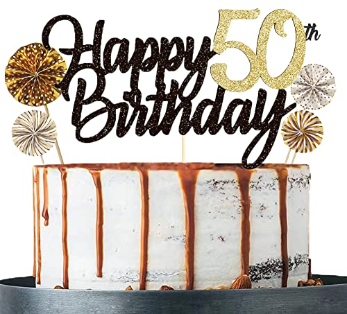 Tortendeko 50 Schwarzes Gold set Doppelseitiges Glitzerpapier Happy Birthday Cake Topper für Geburtstag Deko 50