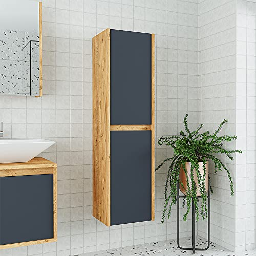 ROOMART • Badezimmermöbel Set • Atlantic • 4 Teilig Badezimmerschrank • 100 cm Unterschrank mit Keramikwaschbecken • Spiegelschrank • Hochscrank (Anthrazit Eiche, Hochschrank)