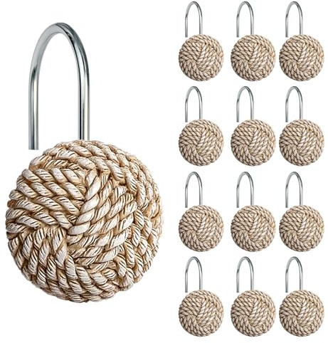 Sunlit Boho Knots Shower Curtain Hooks, Home Decorative Shower Curtain Rings for Bathroom, Seaside Nautical Shower Curtain Hangers Bathroom Accessories, Set of 12