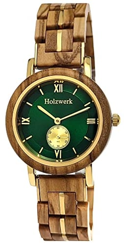 Holzwerk Germany Handgefertigte Designer Damen-Uhr Öko Natur Holz-Uhr Braun Grün Gold Holz Armband-Uhr Analog Klassisch Quarz-Uhr