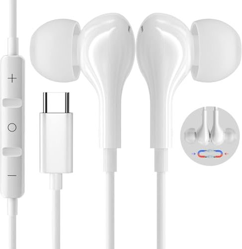 USB C Headphones,USB Type C Earphones Wired Earbuds Magnetic Noise Canceling in-Ear Headset with Microphone for iPad Pro Samsung Galaxy S23 S22 S21 S20 Ultra 10 20 Pixel 5 4a 3a XL Oneplus 9 8T, White