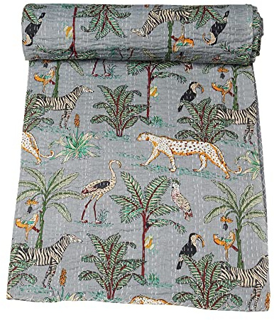Marubhumi Traditionelle indische Steppdecke aus reiner Baumwolle, Dschungeldruck, Kantha-Steppdecke, Bettdecke, Überwurf, Tierdruck, Kantha-Steppdecken, mehrfarbig (Grau, Doppelbett, 152,4 x 228,6 cm)