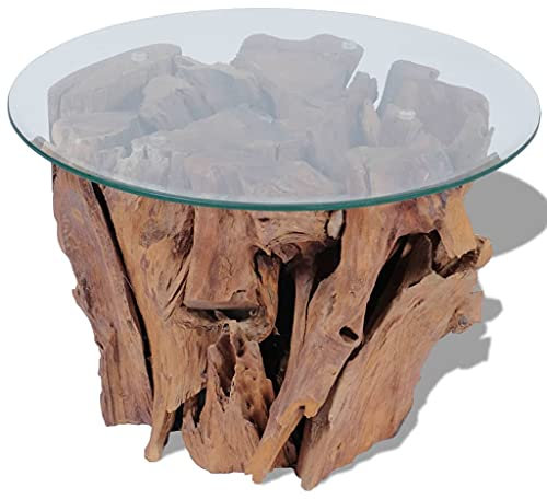 Homvdxl Tree Stump Coffee Table, Wooden Driftwood Glass Top Side End Table in Round, 24Inch Natural Edge Tea Table for Living Room Office (Rustic Style)
