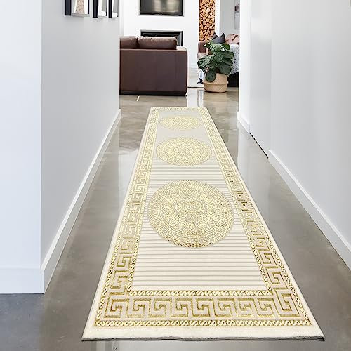 CARPETIA Teppich Wohnzimmer Schlafzimmer Bezaubernde Ornamente Diele Läufer Mäander kurz orientalisch glänzend Creme Gold 100 x 300 cm