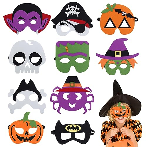 Halloween Maske, 10 Stück Halloween Kinder Cosplay Masken Set, Halloween Masken Kinder, Halloween Filzmasken mit Kürbisgeist, Fledermaus, Vampir, Hexen für Maskerade Kindergeburtstag Halloweenparty