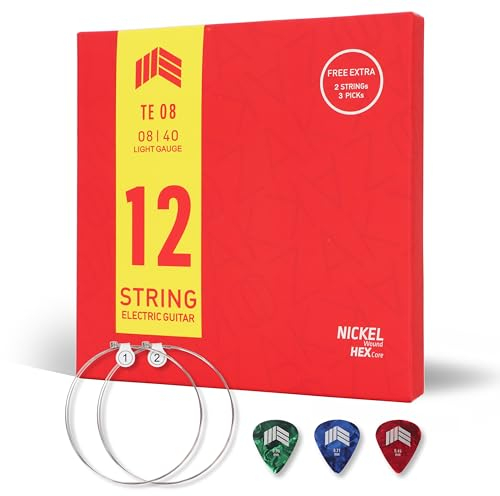 MOOZAK E-Gitarrensaiten 12-String 08-40 – Nickel E-Gitarrensaiten für elektrische Gitarren – Bonus 1. & 2. Saite + 3 Plektren – Langlebig & Reaktionsschnell