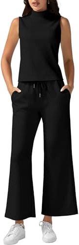 Casly Lamiit 2-teiliges Sommer-Outfit für Damen, Stehkragen, Tank-Top, kurze Hose mit weitem Bein, Lounge-Sets, modischer Trainingsanzug, Schwarz, M
