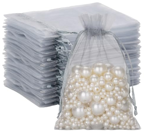 G2PLUS Silbergrau Organzasäckchen 10x15cm: Geschenk Organzabeutel, 50 Stück Organza-Beutelchen mit Kordelzug Sie als Hochzeit Bonbonsbeutel, Schmuckbeutel, Geschenkbeutel