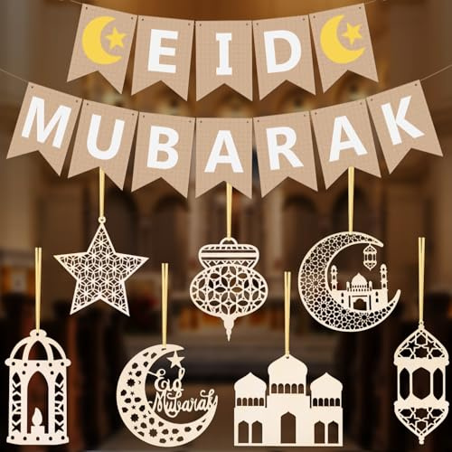 iZoeL Eid Mubarak Deko Ramadan Kareem Deko, Eid Mubarak Ramadan Banner Sterne Mond hölzerne Eid-Anhänger Ramadan Dekoration zum Aufhängen an Wänden Fenstern Bäumen