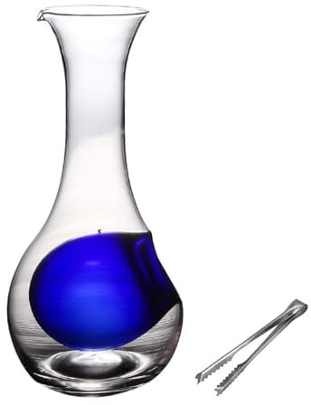Sake Bottle Ice Wine Jug Chilled Wine Bottle Japanese Sake Pot Decanter Cold Wine Jug Wine Dispenser Lead Free Glass Wine Bottles with Ice Cube Holes with Ice Cube Tongs (Blue, 450ml)
