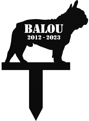 INDIGOS UG - Grabschmuck Hund - Französische Bulldogge - 50 cm - wetterfester Gedenkpfahl als Grabstecker - Wunschname & Datum - Schilder selbst gestalten Wunschtext - Haustier, Trauer