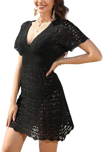 Desol Bikini Cover Up Strandkleid Damen Aushöhlen Häkelkleid Strand Strandtunika Damen Sommer V-Ausschnitt Strandponcho Beachwear Damen Strandurlaub