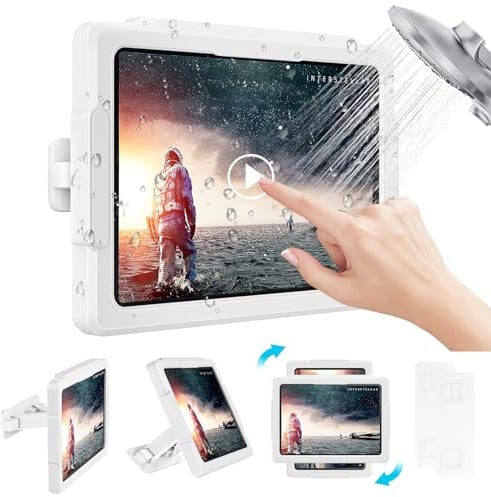 MoKo Tablet Halterung Dusche, Dehnbar Wasserdicht iPad Halter für Alle Geräte bis zu 11 Zoll, 360° Drehung Tablet Wandhalterung mit Beschlagfreiem Touchscreen, 2 Platzierungsmodi für Badezimmer Küche