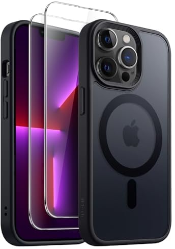 JETech 3 in 1 Magnetic Case for iPhone 13 Pro 6.1-Inch with 2-Pack Tempered Glass Screen Protector, Compatible with MagSafe, Translucent Matte Back Shockproof Phone Cover (Black)