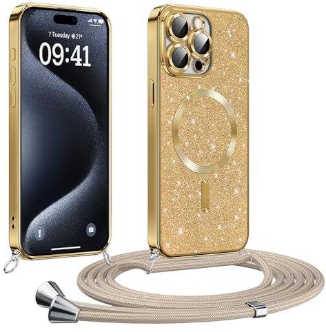 Phoona handyband Hülle für iPhone 15 Pro mit Band, Glitzer Handyhülle Kompatibel mit MagSafe, Ganzkörperschutz Kratzfeste Stossfest Schutzhülle mit Einstellbar Kette, Gold