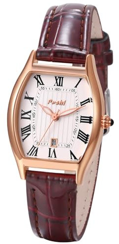 Silverora Damenuhren Rechteckig Uhren Damen: Datum Kalender Klein Tonneau Analoge Quarzwerk Armbanduhren PU Lederarmband Uhr mit römische Ziffern Geschenke für Frauen rot
