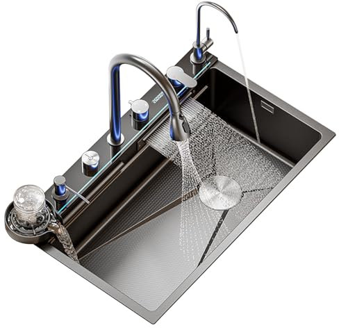 Fregadero bajo encimera fregadero negro de una cubeta en cascada multifunción múltiples accesorios controles de sobremesa pantalla LED estación de trabajo de fregadero moderno para cocina granja