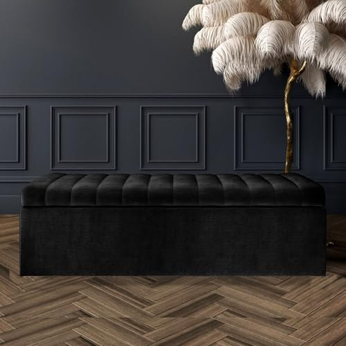AZ Interiors Royal Furniture Naples Lined Upholstered Ottoman Storage Box, Naples Storage Shoe Bench, End of Bed Bench, Rectangle Coffee Table with Storage (Black Naples, 3ft (90x40x40) CM)