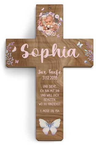 Kartenmachen.de Foto Taufkreuz personalisiert aus Holz Taufgeschenk Mädchen Junge 13x20cm - Schmetterlinge - Walnussholz Look