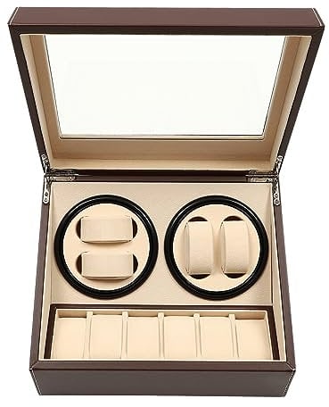 TONFEION Automatische Uhrenbeweger Box, Uhrenständer Uhrendreher Watch Winder Uhrenkasten Luxuriöser Uhrenbeweger für 4 Automatikuhren + 6 Gitter Uhrenspeichergehäuse, Geräuscharm (Brown)