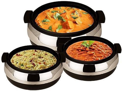 Glasserol Serving Casserole Set of 3 Inner Stainless Steel Toughened Glass Lid PUF Insulated Hot Box |Roti Box| Easy to Carry | Food Grade | Stackable | 800,1200,1700 ml, Black