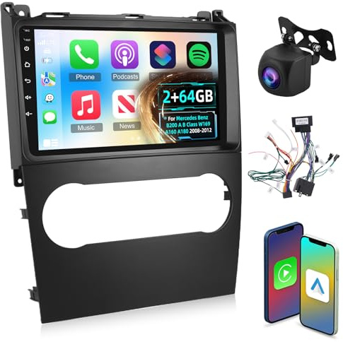 [2+64G] Radio de Coche Android para Mercedes Benz B200 A B Class W169 A160 A180 2008-2012 con Carplay y Android Auto, Radio con Pantalla Táctil de 9 Pulgadas con WiFi/GPS/DSP + Cámara de Seguridad
