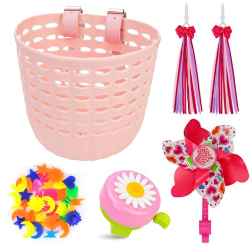 Ensemble de paniers de vélo pour Enfants Oumers, Accessoires de décoration de vélo pour Enfants avec Perles de Rayons de Roue, Panier de vélo en Plastique, Sonnette de vélo, Moulin à Vent de vélo