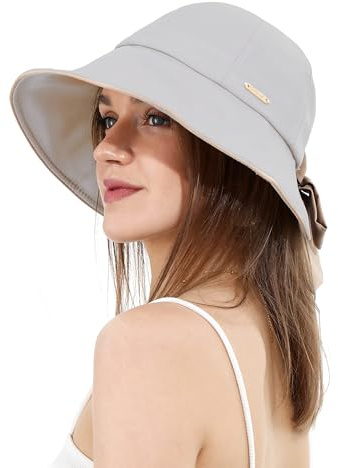 Chapeau de Soleil Femme avec Trou pour Queue de Cheval Nœud Ultra Large Bord UV50+ Bob Filles Imperméable Pliable Plage