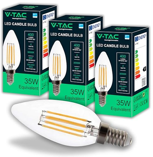 V-TAC 3x Ampoules LED Filament Bougie E14-4W (équivalent à 35W) 400 Lumen - 3000K Blanc Chaud - Ouverture du faisceau lumineux 180° - Ampoule Efficacité Maximale et Économie d'Énergie