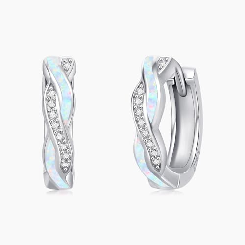 Twoowl Opal Creolen 925er Sterling Silber Opal Huggie Ohrringe Schmuck für Damen Mädchen Herren