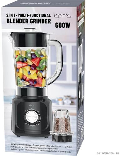 2 In 1 Multi Functional Blender with Grinder - 600W Smoothie Processor Liquidiser with Plastic Food Jug | Juice Maker with Coffee, Nut & Spice Grinder Attachment | 5 Speeds, 1.5L - Black