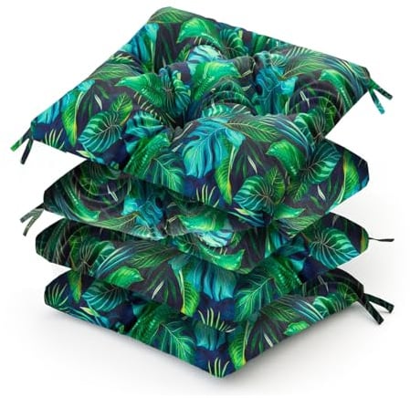 Wasserdichtes Stuhlkissen 45x45 cm – Gartenkissen für Stühle & Sessel – Dickes Sitzkissen 6 cm – Outdoor Sitzauflage für Gartenmöbel – Wetterfest & Pflegeleicht - 4er Set - Blaue Blätter