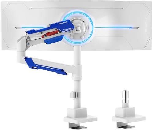 ARES WING Monitor Halterung mit Stange für 24-57 Zoll Flach & Curved Bildschirm Höhenverstellbar, Gaming Heavy Duty Monitor Mount Haltet bis zu 30KG, Monitor arm mit Gasfeder，VESA Max 200 * 200,Weiß