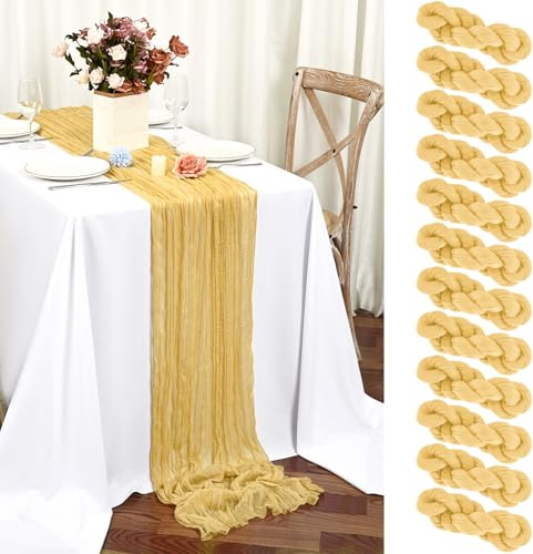 Teruntrue 12 Stück Tischläufer Gold 55x300 cm Boho Gaze Käsetuch Tischläufer für Hochzeit, Party, Babyfeier, Brautshower, Geburtstag-Dekorationen