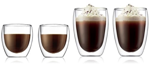 Bodum Double-Walled Espresso Glasses & Coffee Glasses Set Pavina - Patented Valve - 2X 80 ml & 2X 350 ml - 4 Pieces