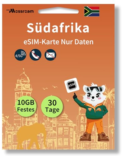 Südafrika eSIM-Karte – Prepaid-Datentarif | 10 GB gemeinsames Datenvolumen für 30 Tage | Highspeed-Internet | Ideal für Reisende