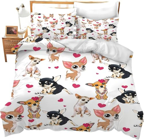 Süßer Chihuahua Bettwäsche 155x220 cm Kinder Bettwäsche-Set 3D Hundemotiv Bettbezüge Weiche Kuschelig Mikrofaser Bettbezug mit Reißverschluss und 2 Kissenbezüge 80x80 cm c.309